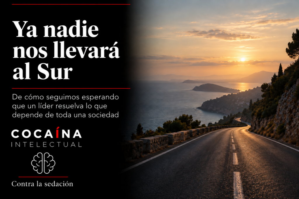 Portada de «Ya nadie nos llevará al Sur»: una carretera mediterránea se pierde hacia el horizonte bajo el lema «Contra la sedación».